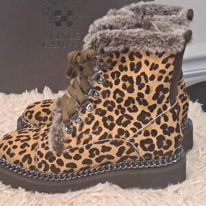 Vince Camuto Leopard Print Combat Boots with Fur Trim NIB